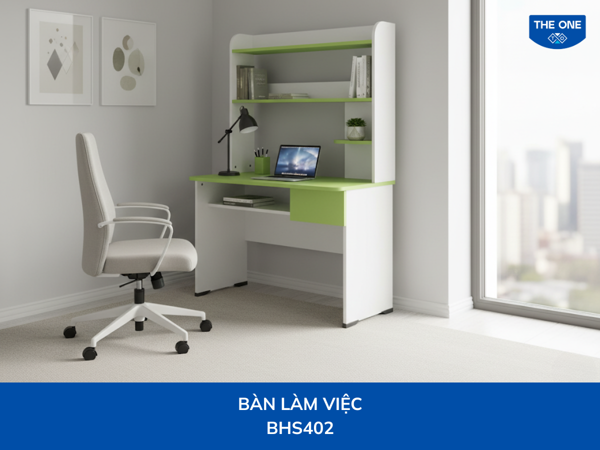 Bàn làm việc liền giá Rộng W1000 x Sâu 500 x Cao 1200mm, màu xanh lá pastel.