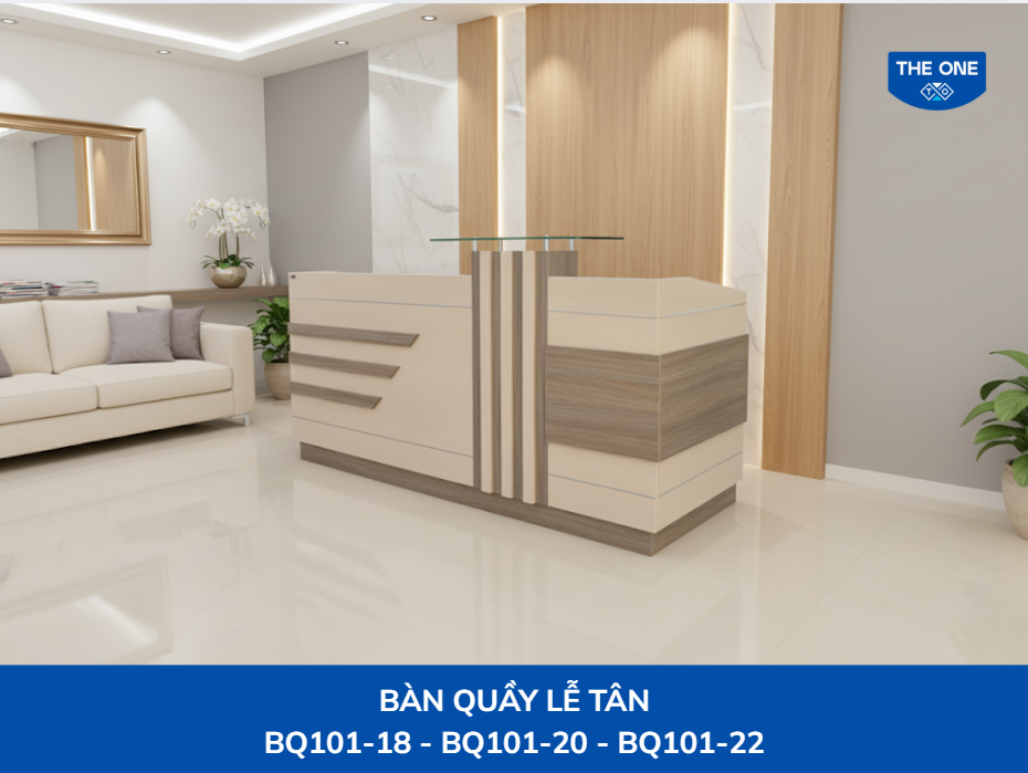 Quầy lễ tân được bài trí hợp lý, tạo cảm giác gắn kết và ấm cúng cho cả căn phòng.