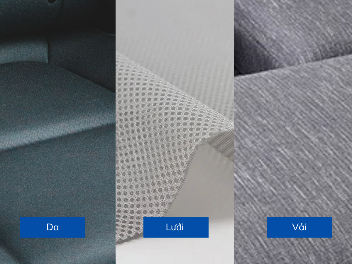 Các vật liệu da, lưới, vải được chọn để sản xuất ghế công thái học.Các vật liệu da, lưới, vải được chọn để sản xuất ghế công thái học.