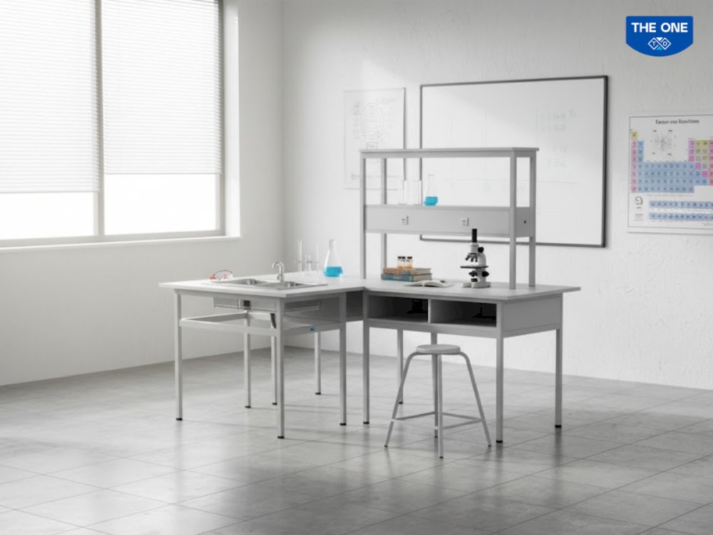 Mẫu bàn ghế phòng thí nghiệm The One BTN102-GTN102 được tích hợp tủ phụ chứa hóa chất và ngăn kéo dụng cụ, tối ưu không gian sử dụng và tăng tính an toàn trong phòng thí nghiệm.