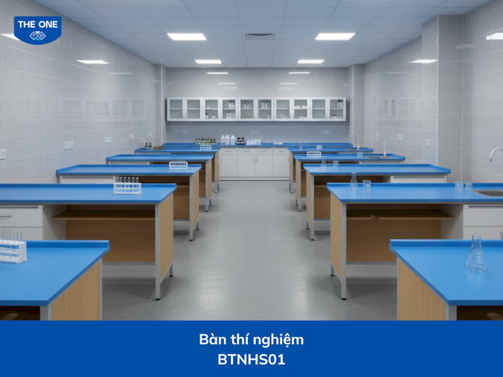 Bố trí bàn ghế phòng thí nghiệm The One khoa học, đảm bảo lối đi rộng tối thiểu 90cm, thuận tiện quan sát và đảm bảo an toàn trong phòng học.