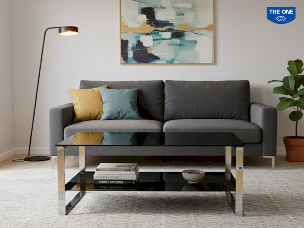Bàn trà mặt đá thiết kế sang trọng, tạo điểm nhấn tinh tế cho khu vực sofa.