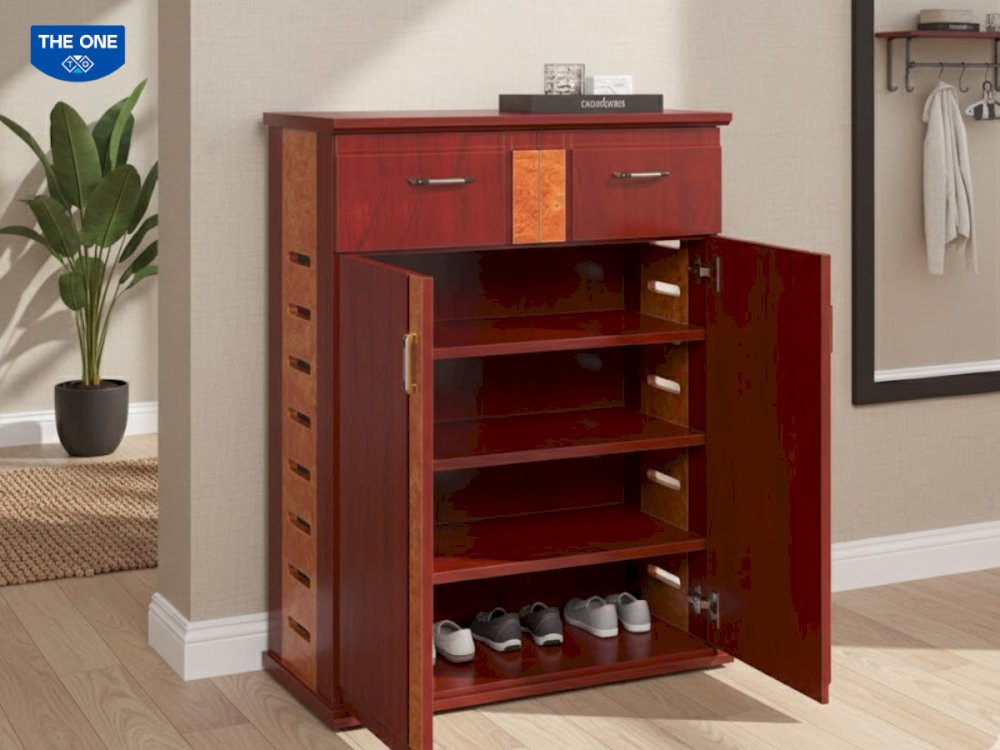 Tủ để giày khung gỗ thẩm mỹ, giúp bảo quản giày dép hiệu quả và tạo ấn tượng tốt.