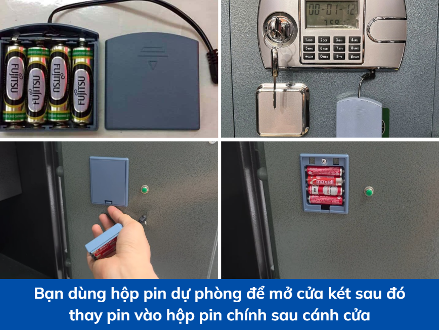 Hướng dẫn mở khóa két bằng hộp tiếp pin dự phòng.