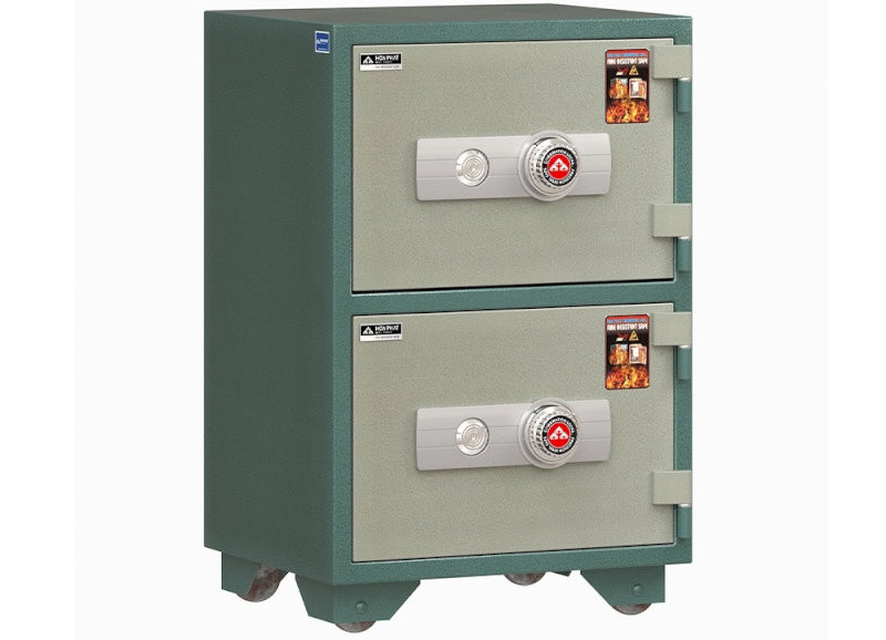 Két sắt cơ chống cháy KS50T2 rộng 482 x sâu 432 x cao 739 mm, trọng lượng 100kg màu xanh rêu