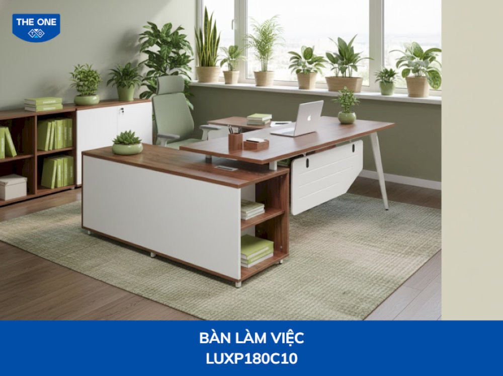 Bàn làm việc LUXP180C10 kích thước W2000 x D1800 x H750mm, phối màu gỗ nâu trầm và trắng sáng.