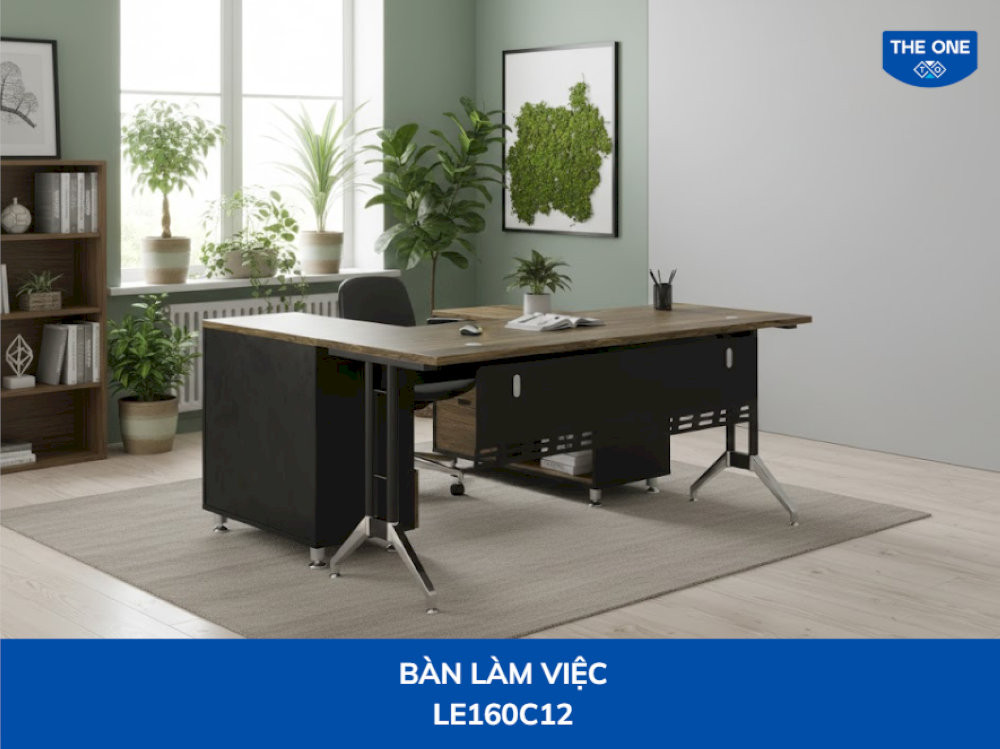 Bàn LE160C12 kích thước W1600 x D700 x H75mm, màu nâu gỗ và ghi sáng hiện đại.