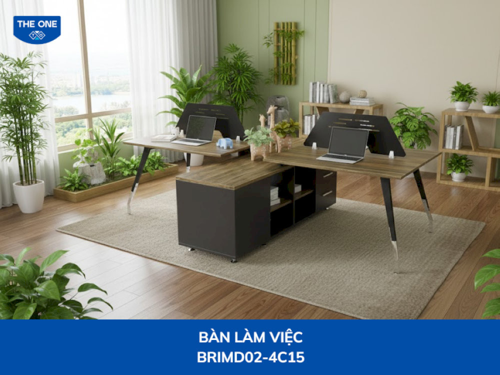 BRIMD02-4C15 kích thước W1600 x D700 x H750mm, mặt bàn màu gỗ trầm, ghi sáng, chân sơn trắng/đen.