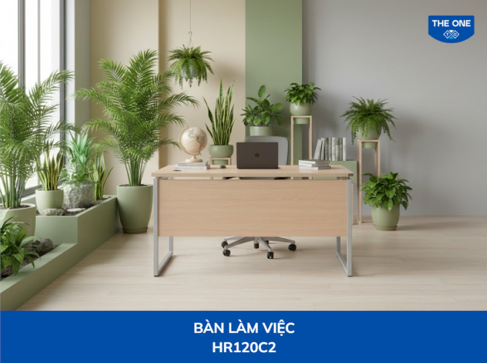 Bàn HR120C2 kích thước W1200 x D700 x H750mm, màu vân gỗ sáng.