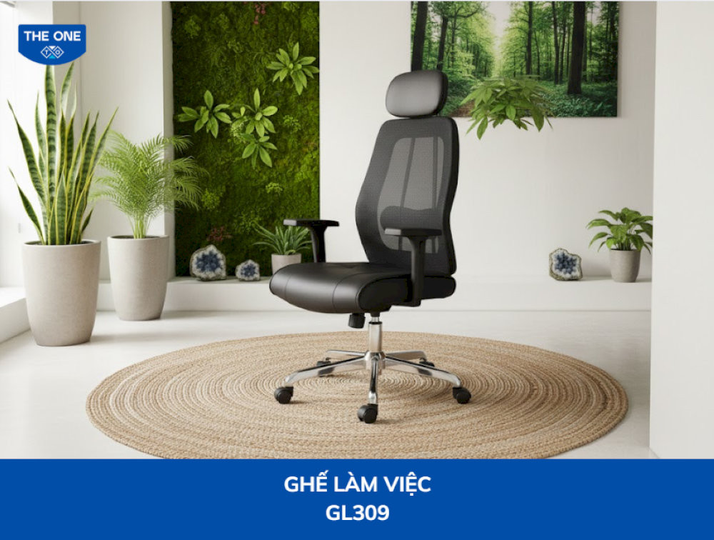 Ghế GL309 kích thước W620 x D520 x H1215÷1295mm, màu sắc lưới đen (tiêu chuẩn).