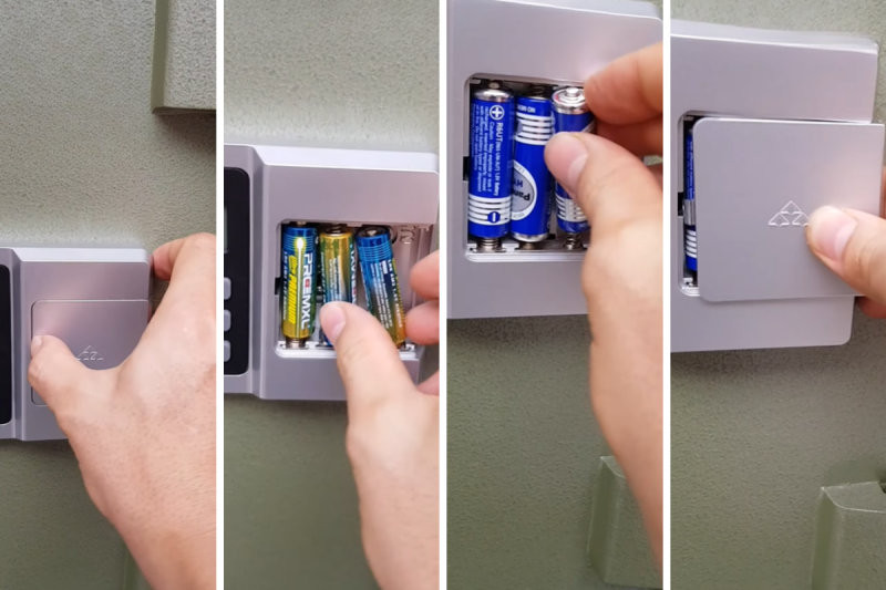 Thực hiện thay pin Alkaline 1.5V mới tại khay pin mặt sau cánh cửa khi két phát tín hiệu pin yếu.