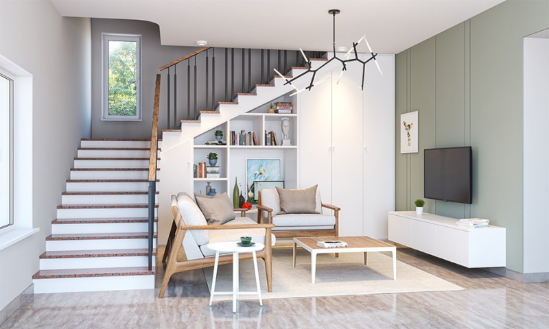 Cầu thang đặt giữa nhà hoặc áp tường, kết nối hai tầng và tối ưu diện tích sử dụng (Nguồn ảnh: Internet)