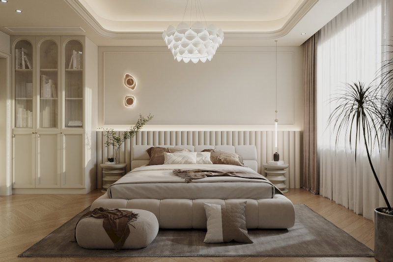 Gia chủ nên kê đầu giường sát tường tạo cảm giác an toàn, giúp khí trường được nâng đỡ (Nguồn ảnh: Internet)