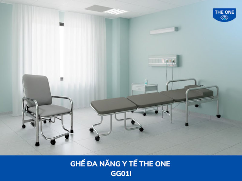 Ghế đa năng y tế di chuyển giúp hỗ trợ chăm sóc bệnh nhân linh hoạt, tích hợp bánh xe, khả năng nâng hạ, nằm/ngồi.