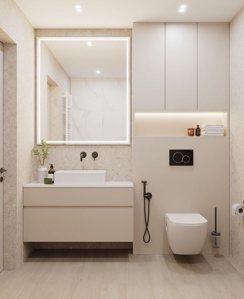 Màu sắc trung tính kết hợp vật liệu hiện đại tạo phòng vệ sinh thanh lịch, tinh tế. (Nguồn: Internet)