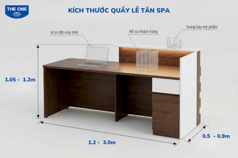 Một quầy lễ tân spa có kích thước hợp lý sẽ giúp thao tác nhanh gọn, hạn chế va chạm và giữ cho khu vực lễ tân luôn ngăn nắp