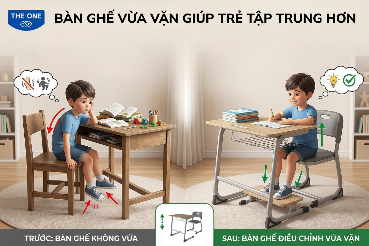 Khi bàn ghế vừa vặn, cơ thể trẻ thoải mái, không bị tê mỏi chân tay, giúp trẻ ít bị xao nhãng