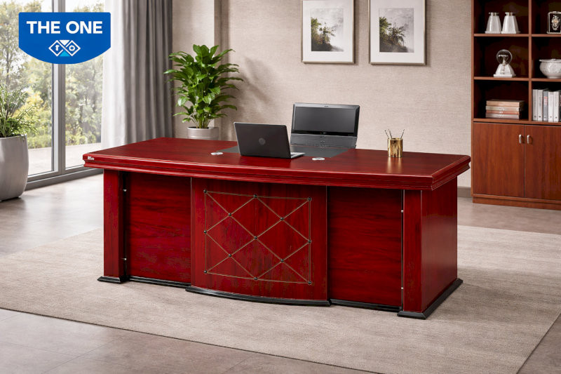 Bàn giám đốc kích thước: Rộng 2000 x Sâu 1000 x Cao 760mm - Màu đỏ gỗ gụ.