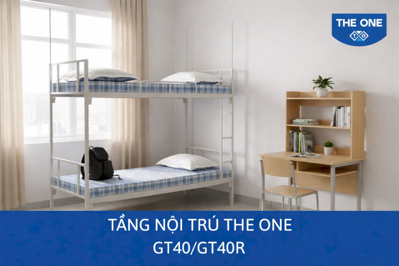 Giường hai tầng khung thép sơn tĩnh điện, giát bằng gỗ công nghiệp và có cọc màn
