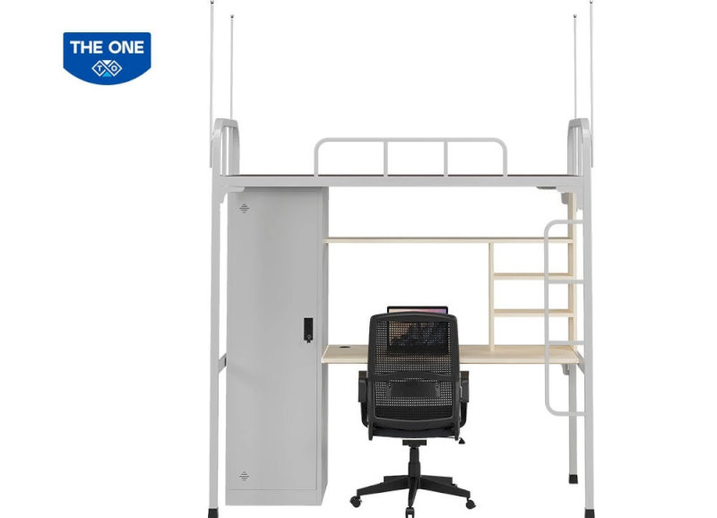 Giường hai tầng khung thép sơn tĩnh điện, giát bằng gỗ công nghiệp và có cọc màn