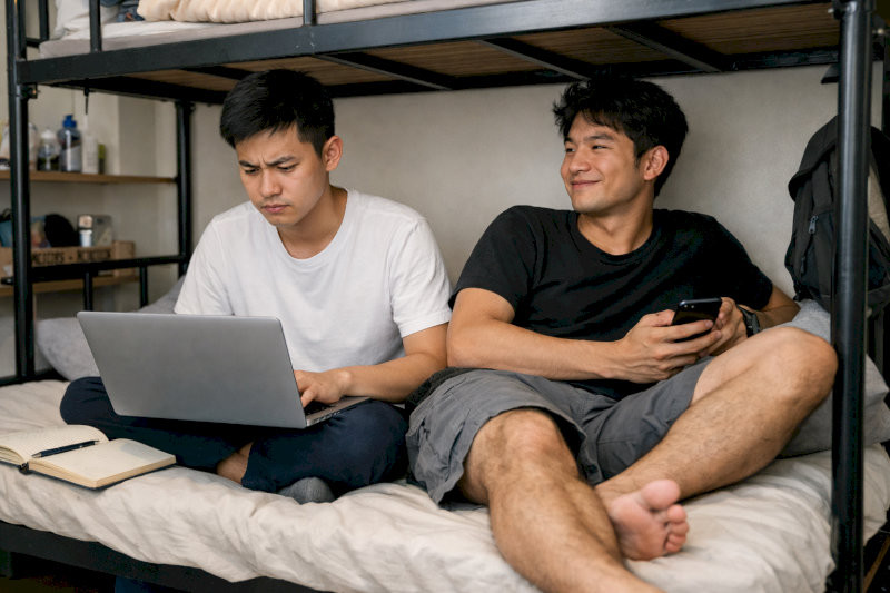 Việc bạn bè đến chơi và ngồi lên giường tầng dưới là rất phổ biến ở ký túc xá, nhưng nó cũng gây ra một số bất tiện về vệ sinh và sự riêng tư (Nguồn: Internet)