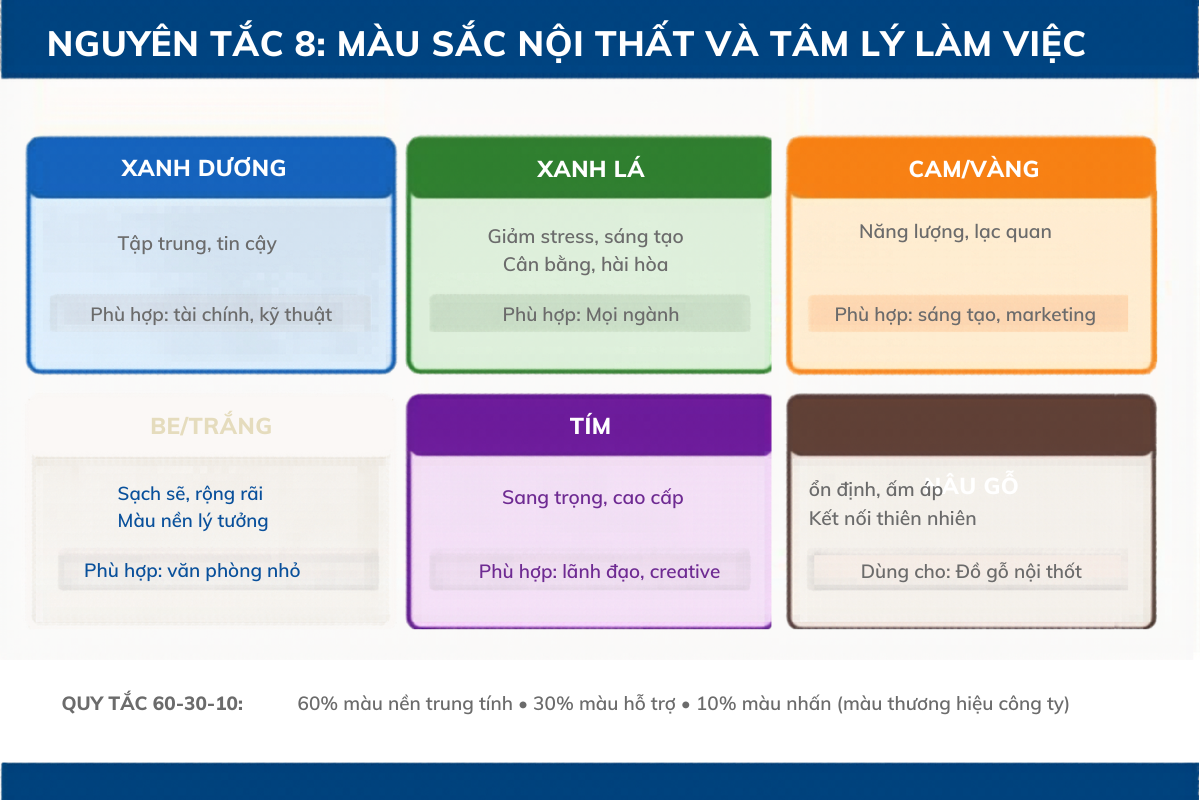 Tâm lý màu sắc và ứng dụng cho từng khu vực bàn làm việc trong văn phòng