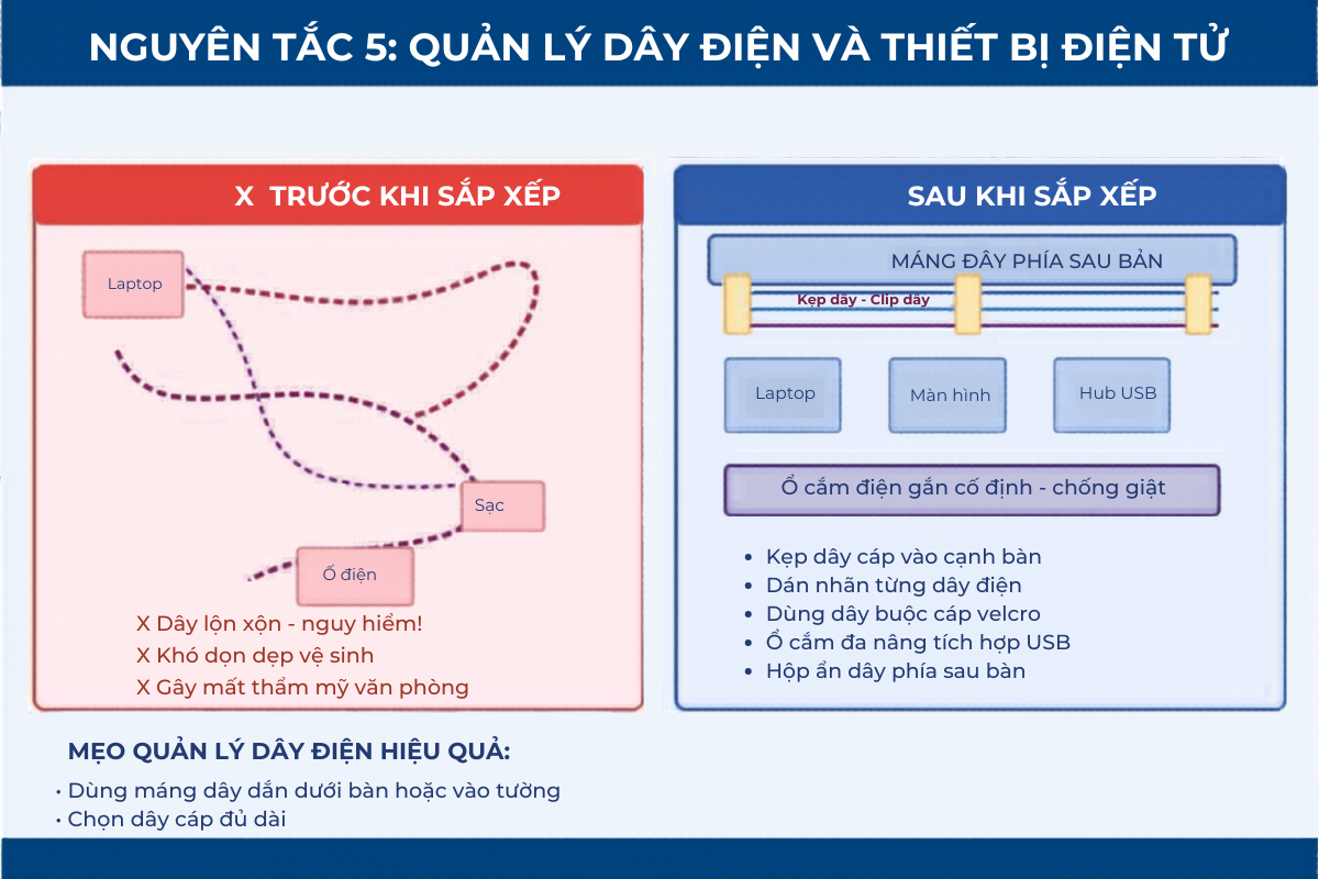Quản lý dây điện và thiết bị điện tử - bố trí bàn làm việc trong văn phòng an toàn, gọn gàng