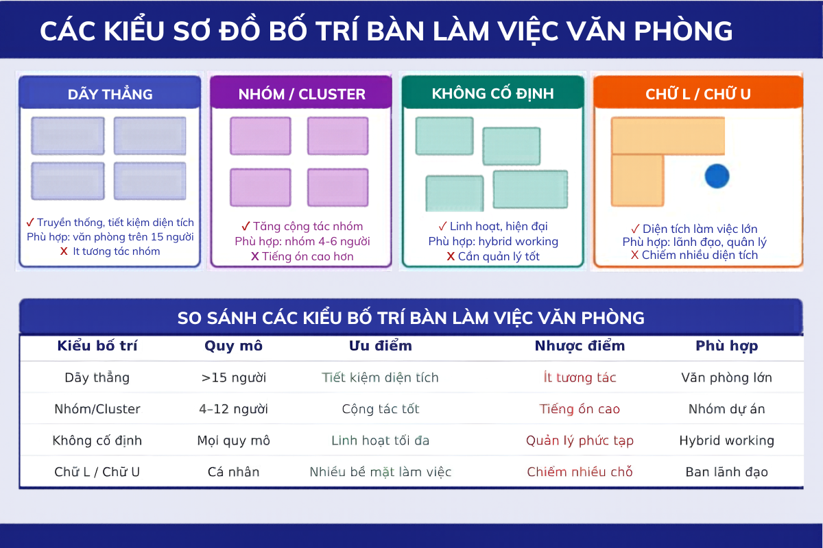 Các kiểu sơ đồ bố trí bàn làm việc văn phòng phổ biến - chọn kiểu phù hợp quy mô và văn hóa doanh nghiệp
