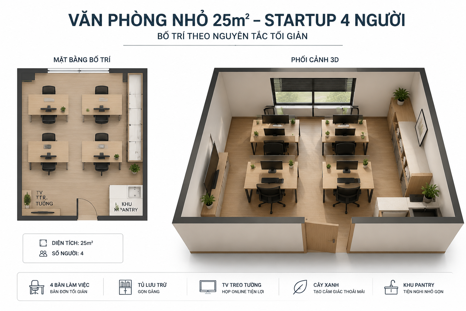 Mẫu 1: Cách bố trí văn phòng làm việc nhỏ 25m² – startup 4 người, không gian mở tối giản