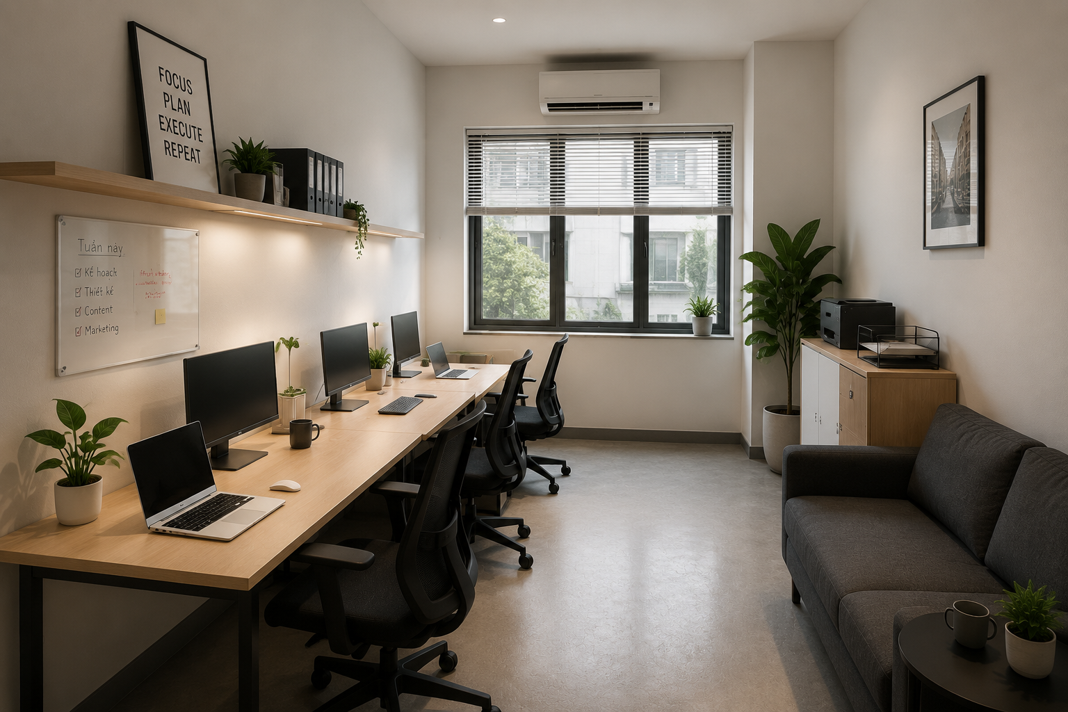 Mẫu 3: Cách bố trí văn phòng làm việc nhỏ 25m², không gian mở tối giản