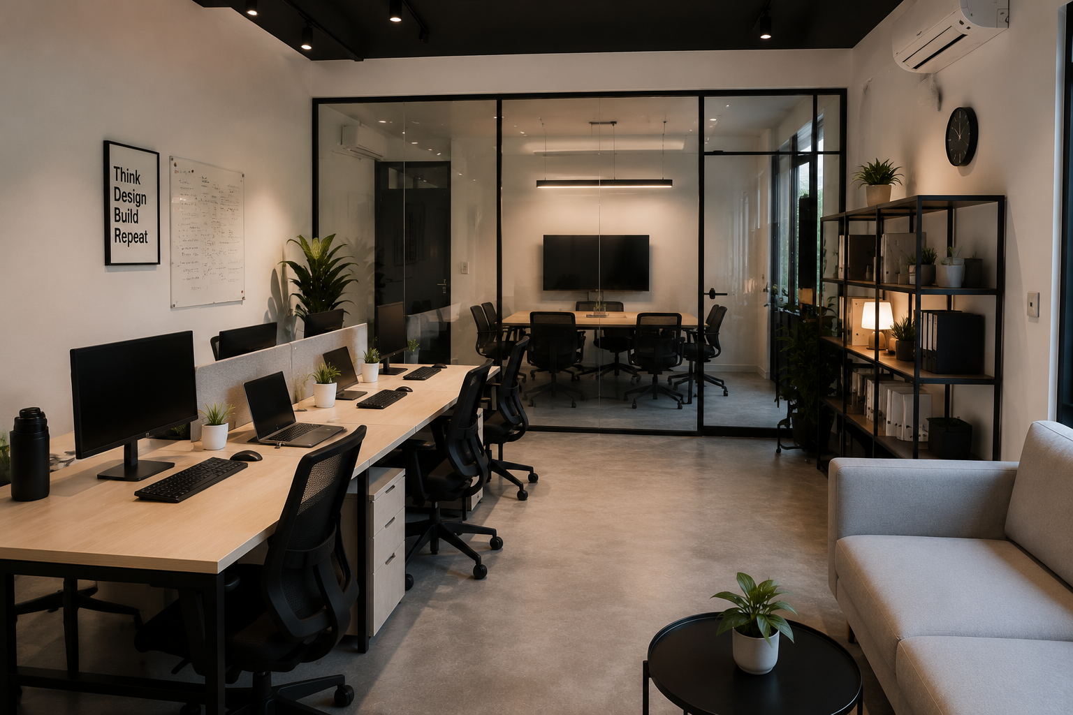 Mẫu 7: văn phòng 35m², sử dụng vách kính phòng họp, dành cho 6 - 9 nhân sự
