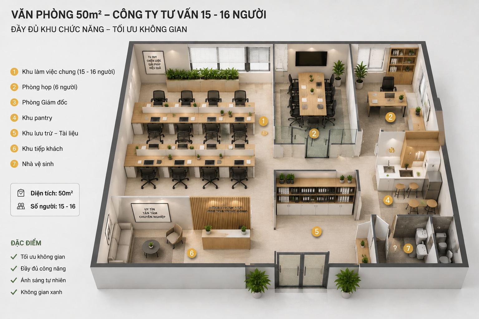 Mẫu 8: văn phòng 50m², sử dụng vách kính phòng họp, dành cho 6 nhân sự