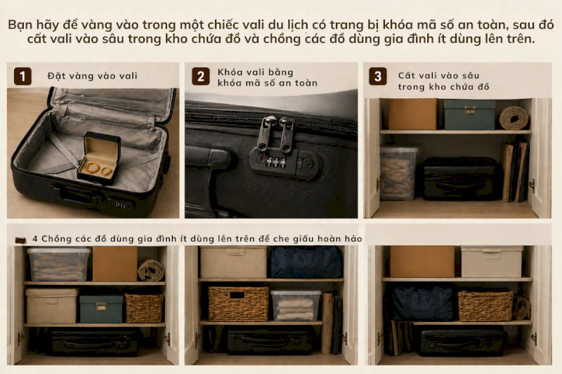 Bạn hãy để vàng vào trong một chiếc vali du lịch có trang bị khóa mã số an toàn, sau đó cất vali vào sâu trong kho chứa đồ và chồng các đồ dùng gia đình ít dùng lên trên