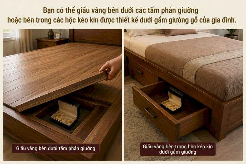 Bạn có thể giấu vàng bên dưới các tấm phản giường hoặc bên trong các hộc kéo kín được thiết kế dưới gầm giường gỗ của gia đình
