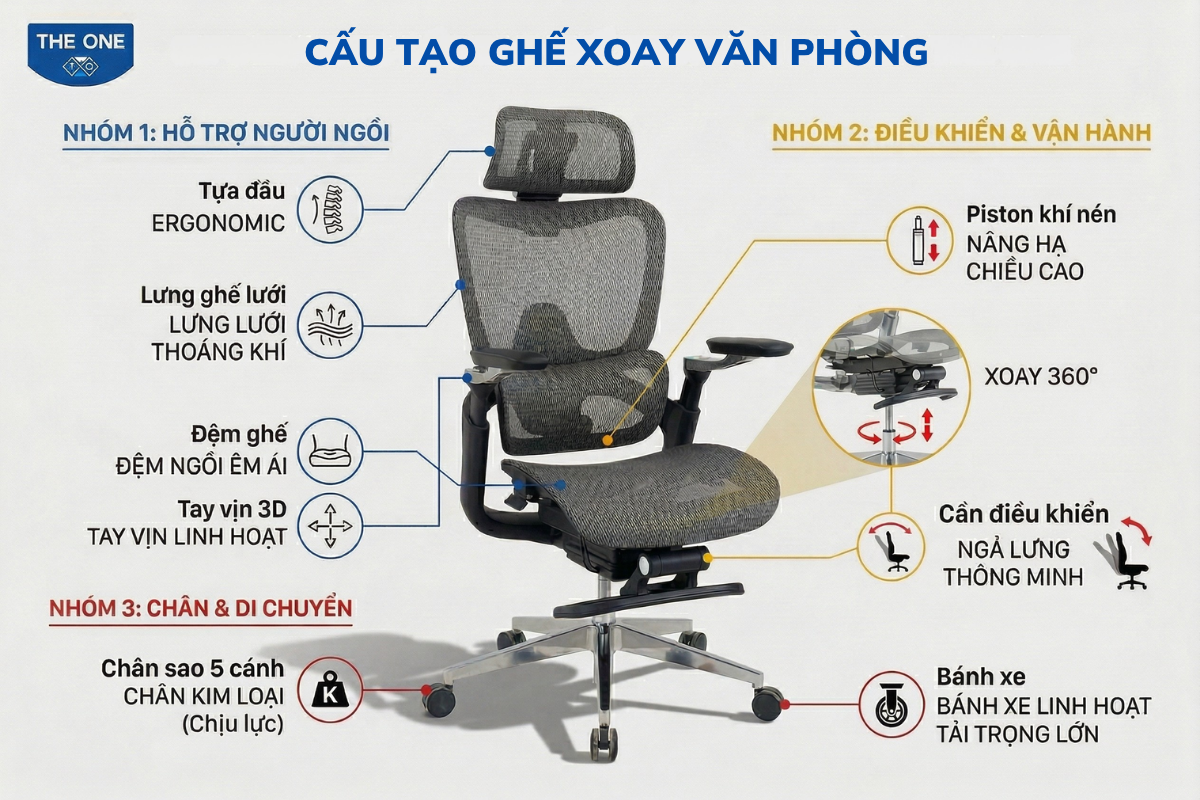 Cấu tạo đầy đủ của ghế xoay văn phòng