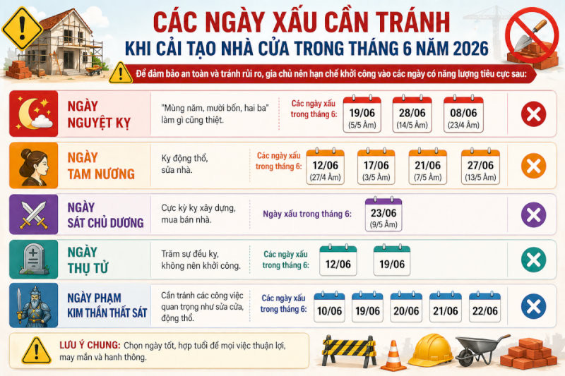 Ngày không tốt sửa nhà tháng 6 năm 2026