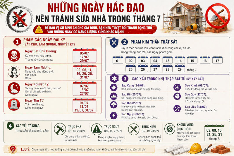 Các ngày không tốt cho việc sửa nhà tháng 7 năm 2026