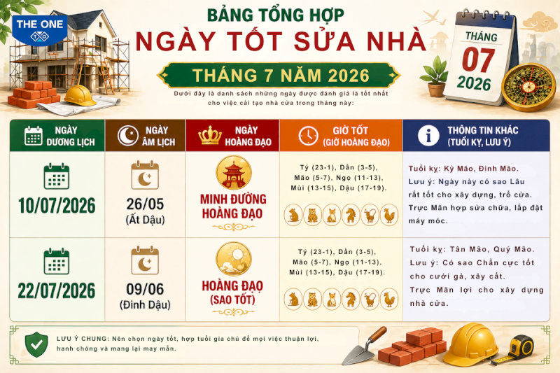 Ngày tốt sửa nhà tháng 7 năm 2026