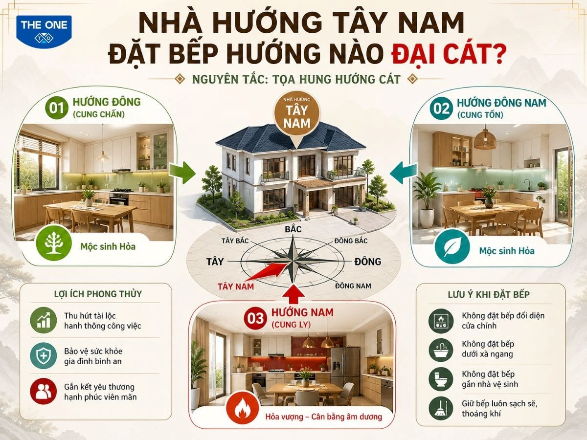 Nhà hướng Tây Nam nên đặt bếp hướng Đông, hướng Đông Nam và hướng Nam