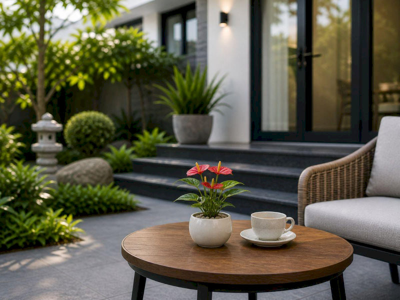 Cây Hồng Môn đặt ở bàn trà sân vườn giúp gia chủ cân bằng cảm xúc và thu hút mối quan hệ tốt