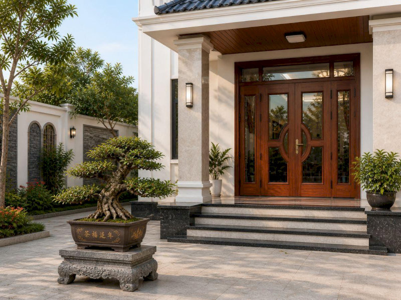 Cây Trà Phúc Kiến đặt trên bệ đá hoặc đôn gỗ ngoài trời giúp gia chủ gia tăng phúc đức và giữ tâm hồn thư thái