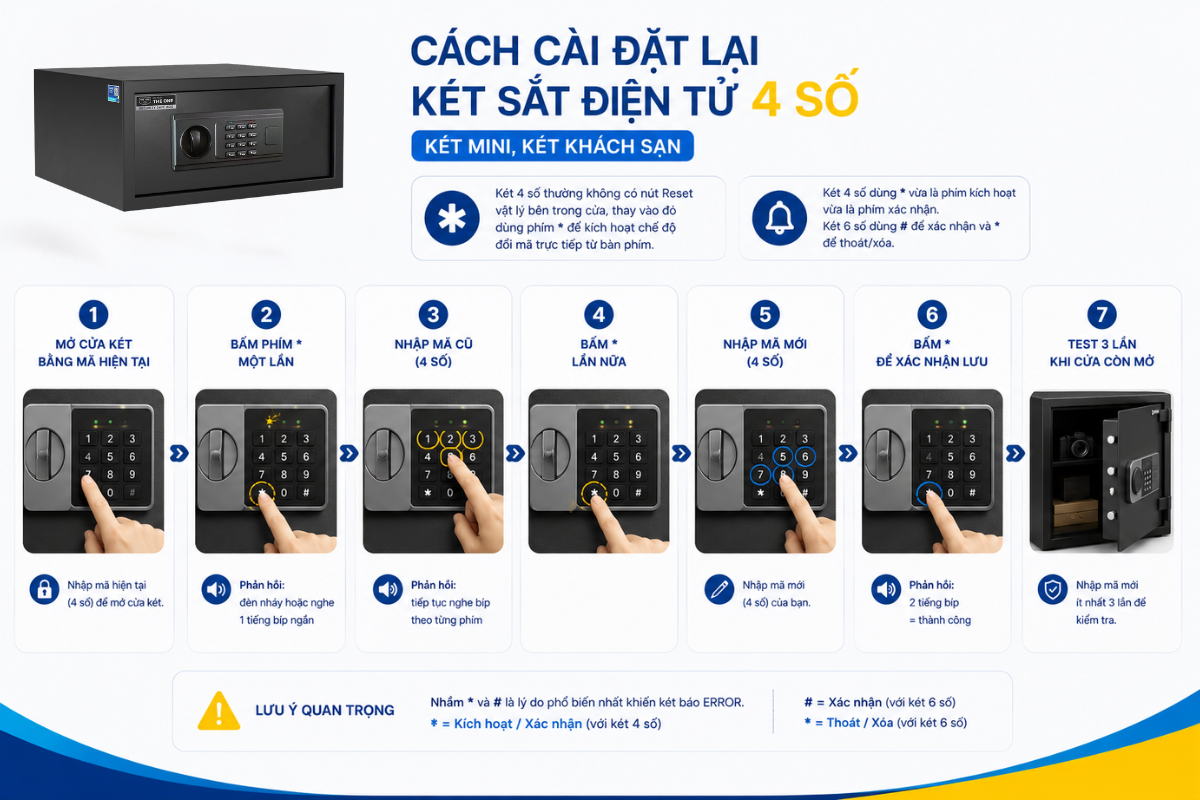 Cách cài đặt lại két sắt điện tử 4 số (két mini, két khách sạn)