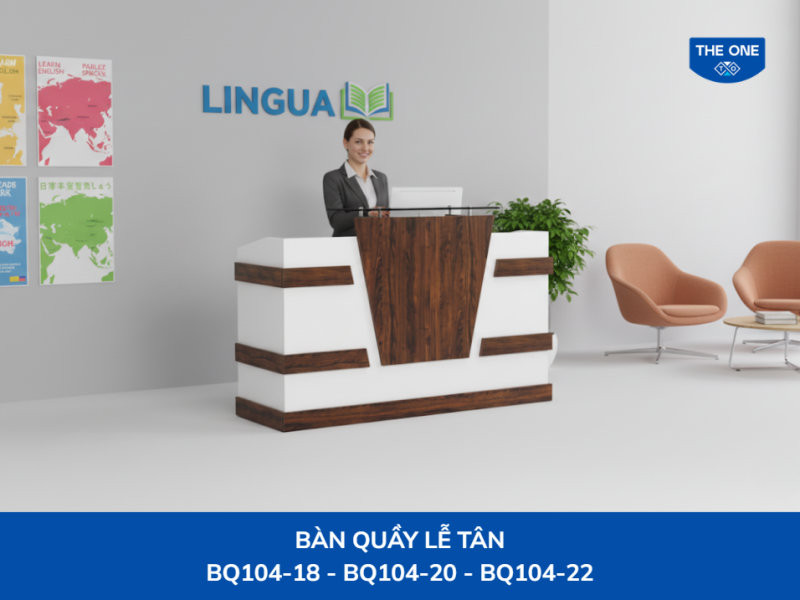 Khu vực lễ tân với logo và màu sắc thương hiệu được lồng ghép tinh tế vào kiến trúc.