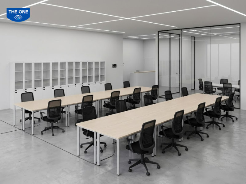Mẫu văn phòng 80m² sử dụng khung chân thép và hệ tủ khóa số The One tối ưu diện tích.