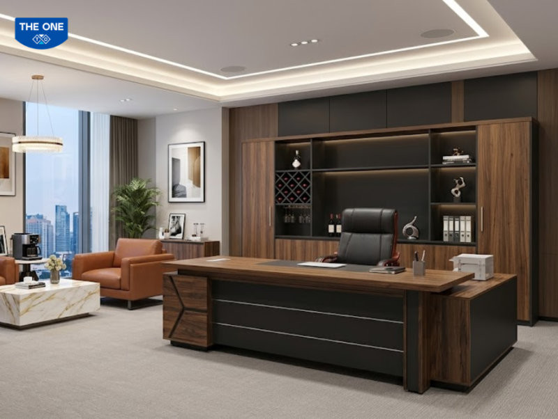 Bàn lãnh đạo mặt gỗ công nghiệp phủ Melamine và ghế da thật là lựa chọn tối ưu cho sự riêng tư và sang trọng.