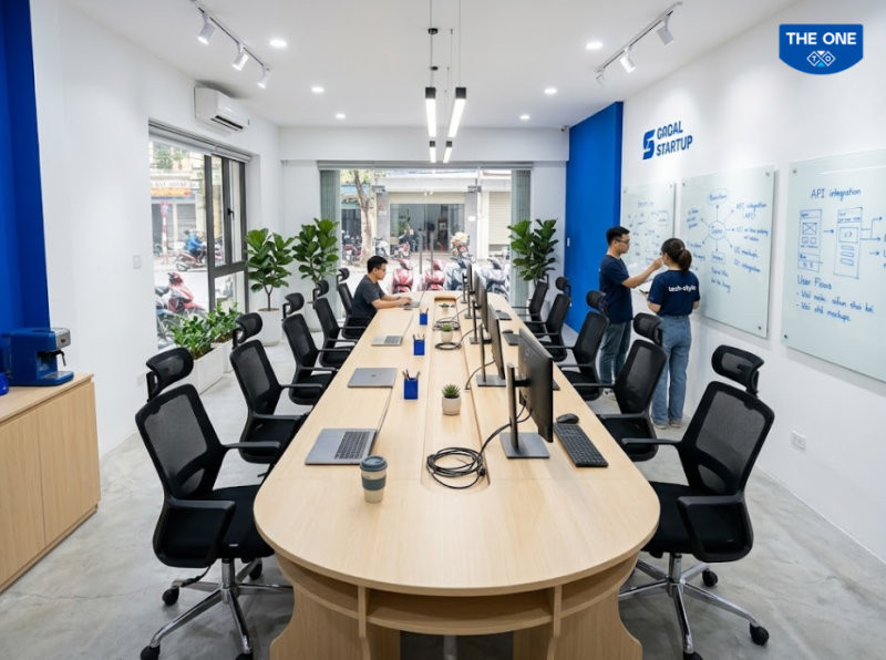 Sử dụng cụm bàn dài và bảng trắng từ tính là giải pháp tối ưu để tối đa hóa không gian, tạo sự thông thoáng cho văn phòng.