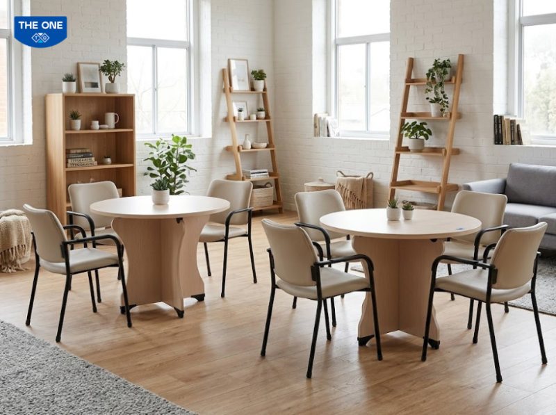 Sự kết hợp giữa bàn gỗ tự nhiên và ghế bọc vải là công thức kinh điển để tạo nên phong cách Scandinavian (Bắc Âu) cho văn phòng.
