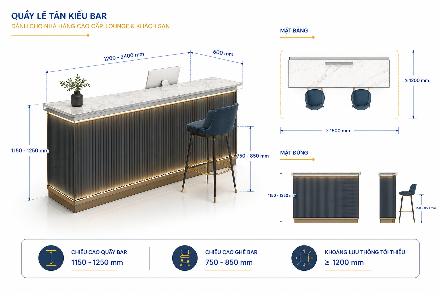 chiều cao quầy lễ tân - Đặc thù của chiều cao quầy lễ tân dạng bar luôn cao hơn quầy thông thường, dao động từ 1150 mm đến 1250 mm