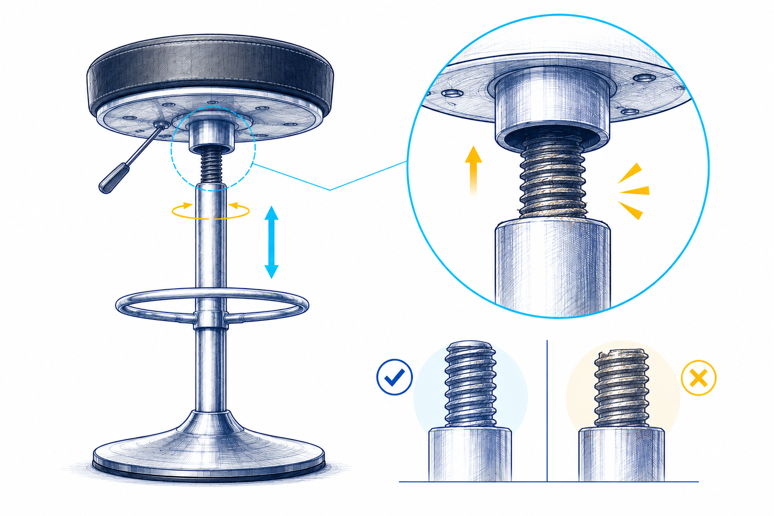 Ghế xoay bị tụt do ren vít bị mòn (trờn ren)