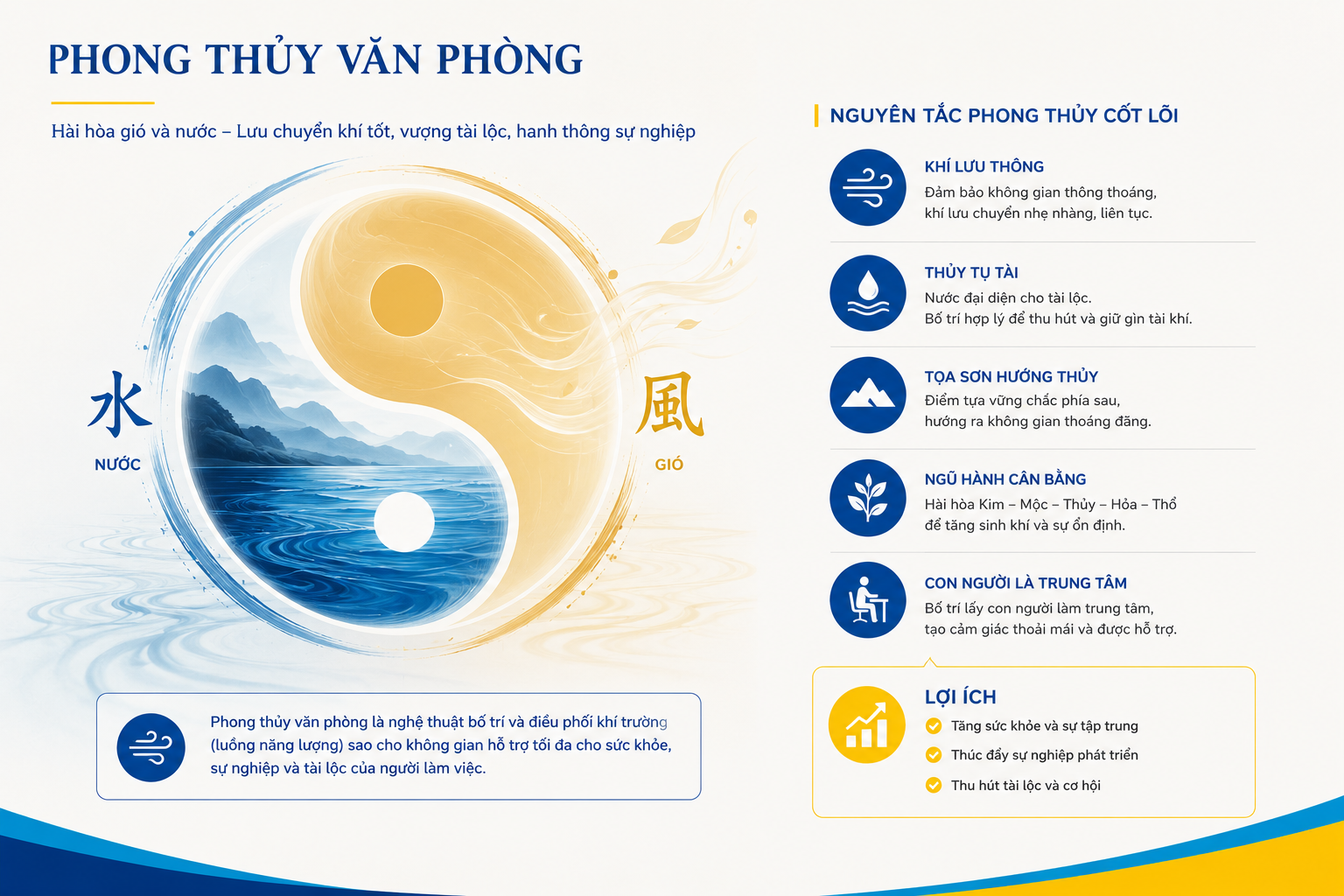 phong thủy văn phòng là nghệ thuật bố trí và điều phối khí trường (luồng năng lượng) sao cho không gian hỗ trợ tối đa cho sức khỏe, sự nghiệp và tài lộc của người làm việc trong đó